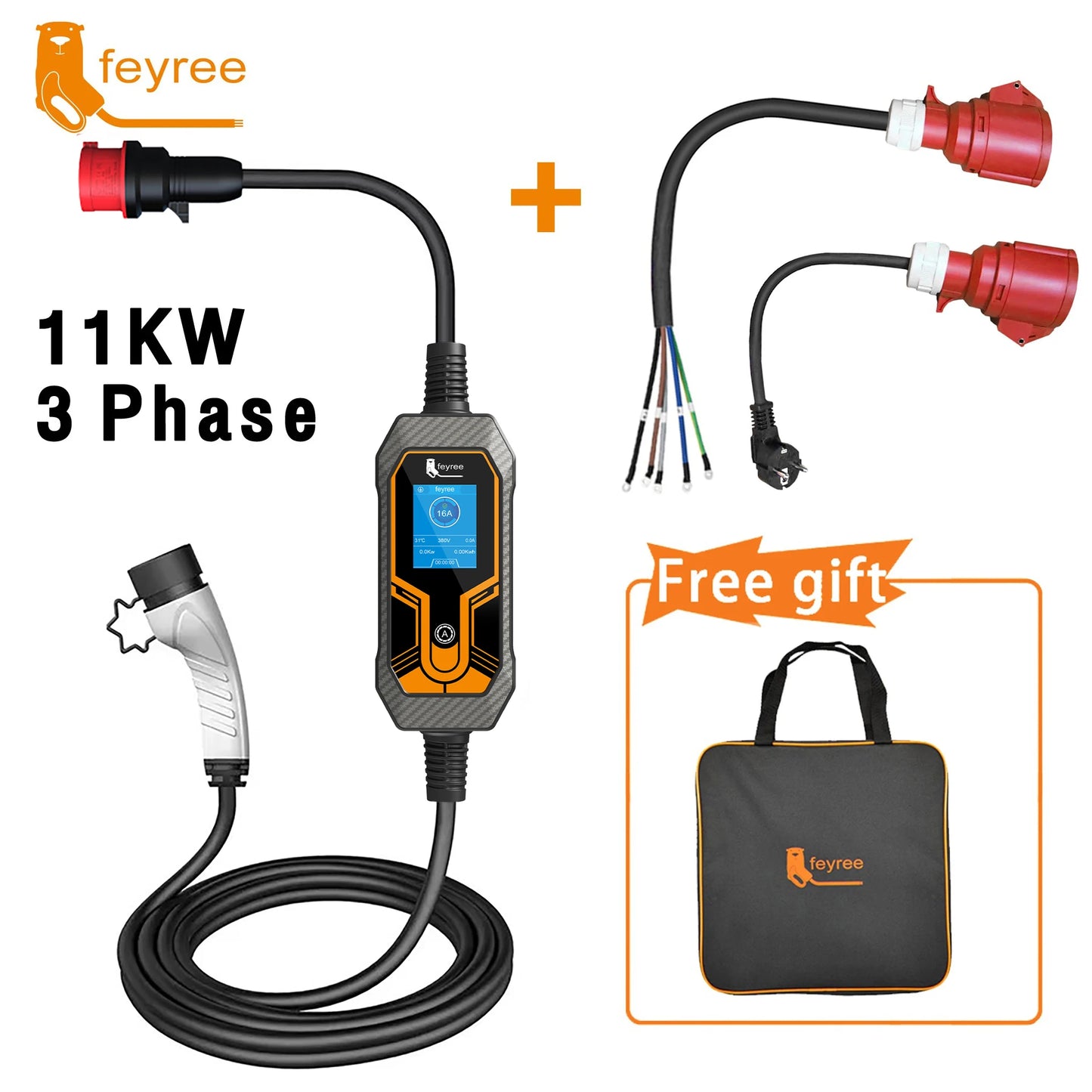 feyree EV Charger Portable Type2 11KW 16A 3 Phase EVSE Charging Box Current Adjustable CEE Male Plug for Electric Car Charger