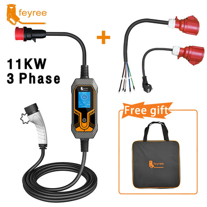 feyree EV Charger Portable Type2 11KW 16A 3 Phase EVSE Charging Box Current Adjustable CEE Male Plug for Electric Car Charger