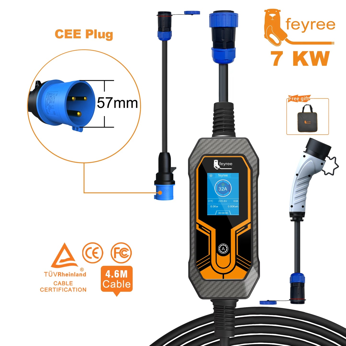 feyree 7kW 32A Portable EV Charger Adjustable Current Replaceable Charging Plug Multifunction for Global Electric EV Car Charger