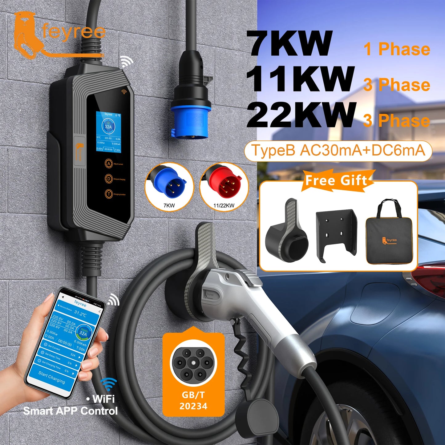 feyree GBT Socket  22KW 11KW 3P Fast Smart Charging APP Bluetooth Version 7KW 32A 1P EVSE Portable Charging Box for Electric Car