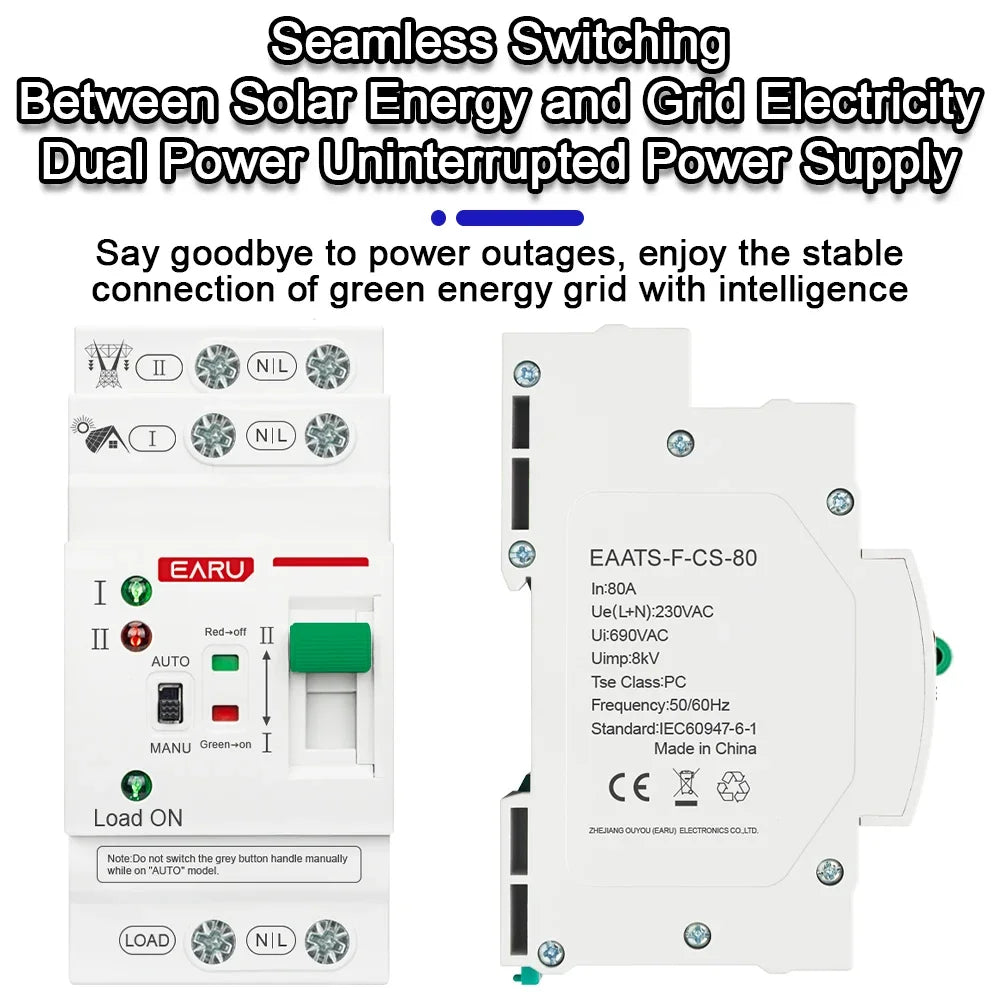 2P 4P 80A AC 230V 110V Mini ATS Solar PV Dual Power Automatic Transfer Switches Electrical Selector Switch Uninterrupted Power