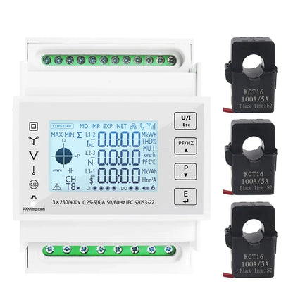 Din Rail 3 Phase Energy Monitor Consumption Power Meter kwh Ammeter With 3PCS RS485 Modbus 50/100/15/200CT 230VAC by 54Grid - Renewable Energy Store