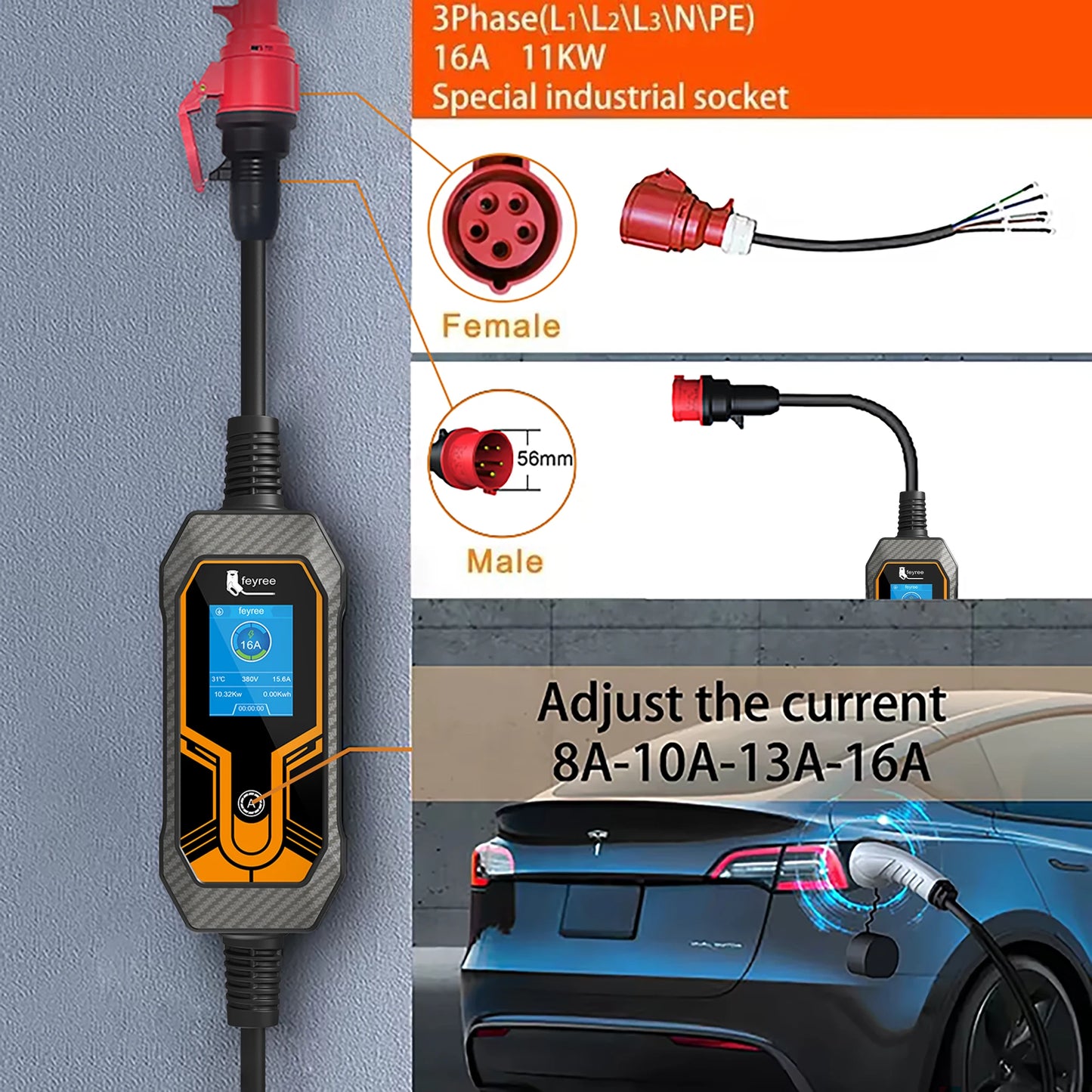 feyree EV Charger Portable Type2 11KW 16A 3 Phase EVSE Charging Box Current Adjustable CEE Male Plug for Electric Car Charger