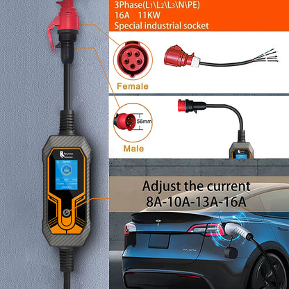feyree EV Charger Portable Type2 11KW 16A 3 Phase EVSE Charging Box Current Adjustable CEE Male Plug for Electric Car Charger
