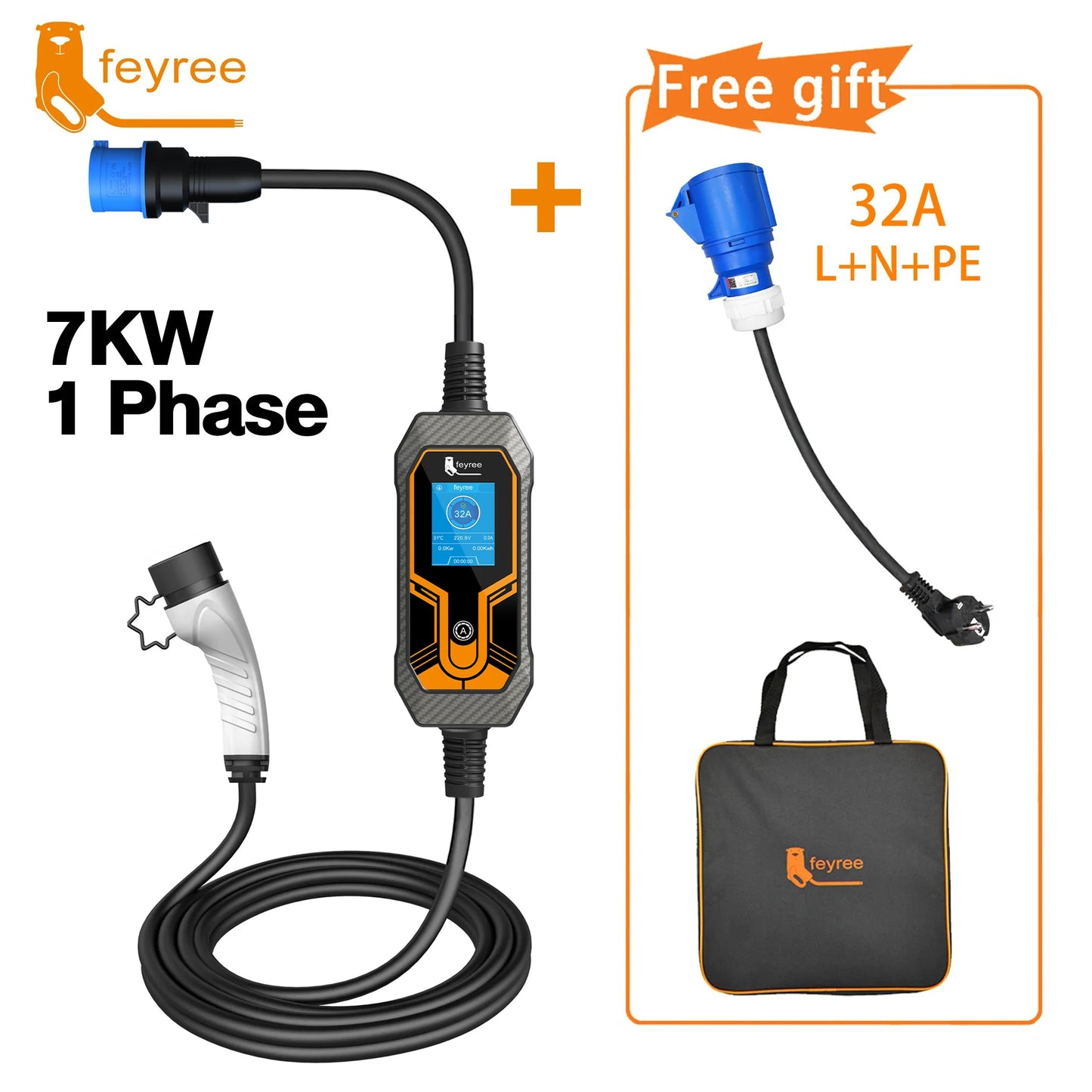 feyree Type2 7KW 32A 1Phase Portable EV Charger 5m Cable Current Adjustable EVSE Wallbox Charging Box for Electric Car Charger