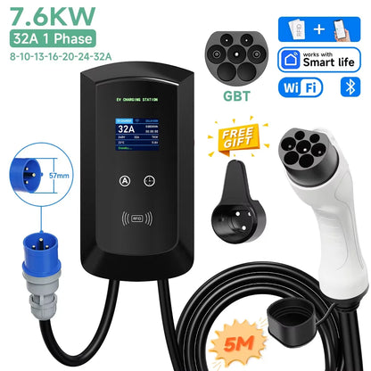 AFYEEV 22KW GB/T EV Charging Station 32A Electric Vehicle Car Charger EVSE Wallbox Wallmount RFID WiFi Bluetooth APP Control