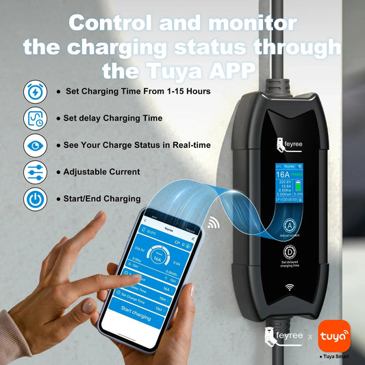 feyree Type1 Portable EV Charger 5m Cable with WIFI APP Control 16A 3.5KW Set Charging&DelayTime for EV Cars,Plug customizable