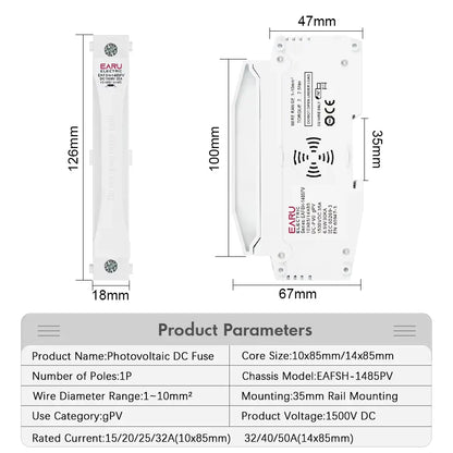 Din Rail Solar Fuses DC 1000V 1500V PV Photovoltaic 20A 25A 30A Fuse Holder Base for Solar System Short Circuit Protection gPV