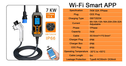 feyree GB/T Portable EV Charger 32A 7KW 1Phase APP Bluetooth Version EVSE 11KW 16A 3Phase Cable 5m CEE Plug for Electric Vehicle