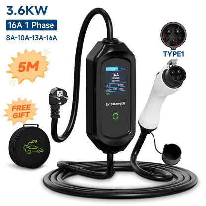 AFYEEV Portable Type2 IEC62196-2 EV Charger 16A GB/T EVSE Charging Cable Type1 SAE J1772 EU Plug Controller Wallbox for Car
