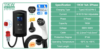AFYEEV 32A EV Charging Station 22KW 3Phase Electric Vehicle Car Charger 11KW Type2 IEC62196-2 EVSE Wallbox APP Control 5m Cable