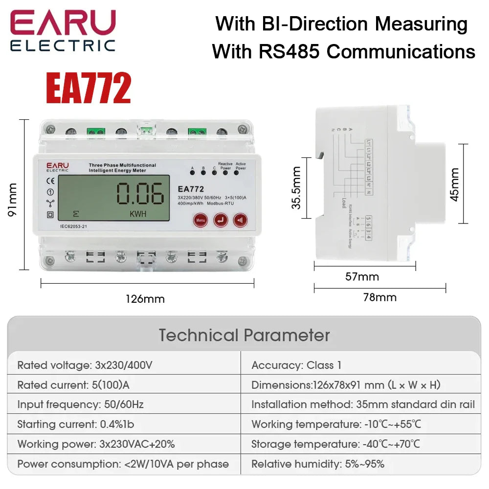 Three Phase Four Wires Eelectronic Active Energy Meter kWh Power Consumption Monitor DIN Rail 50/60Hz 3*5(100)A 50/60Hz  LCD LED