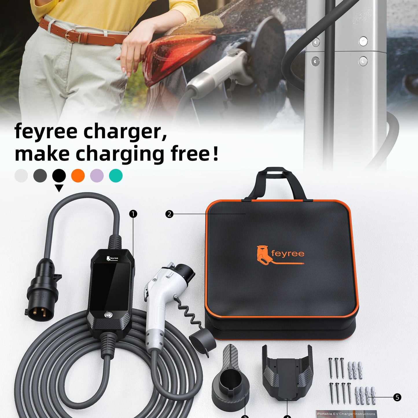 feyree 4.3'' TouchScreen Type1 Charging Plug Portable 7kW EV Charger Dual Temp Portection with Smart APP OTA Upgrade AC Charger