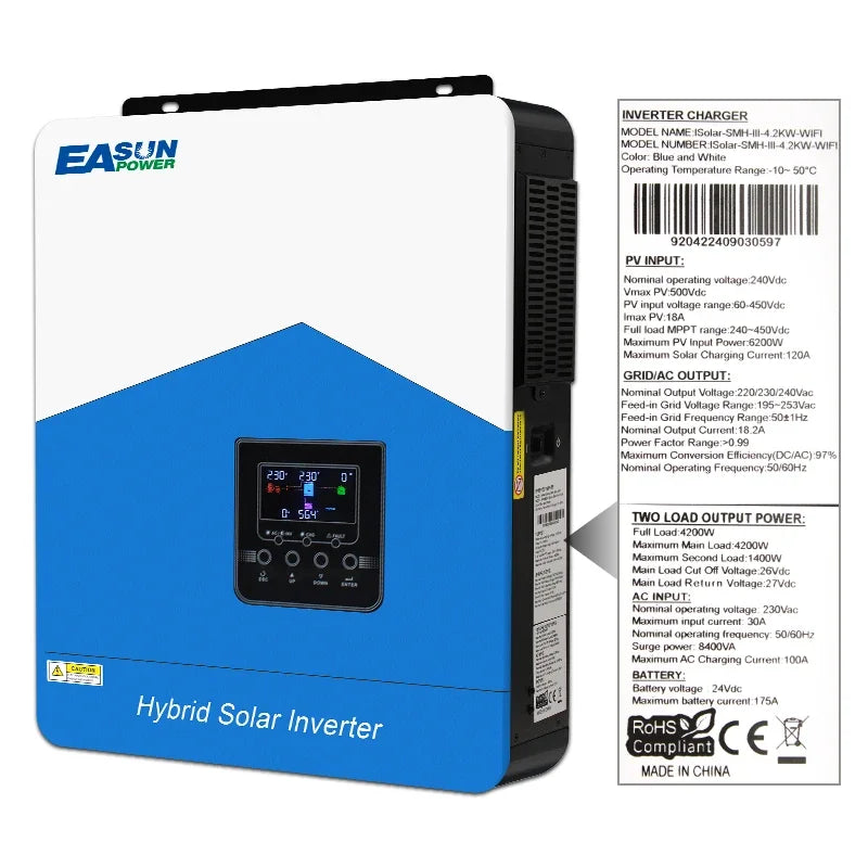EASUN 4200W 24V Hybrid Solar Inverter - Pure Sine Wave, MPPT 120A Solar Controller, AC 220-240V, Built-in WiFi by 54Grid - Renewable Energy Store