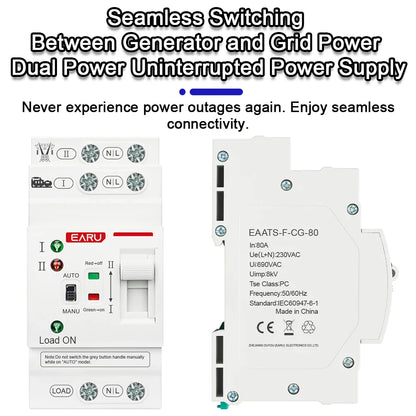 2P 80A AC 230V 50/60Hz ATS Mini Automatic Transfer Switch Dual Power Electrical Selector Switches Uninterrupted Power Din Rail