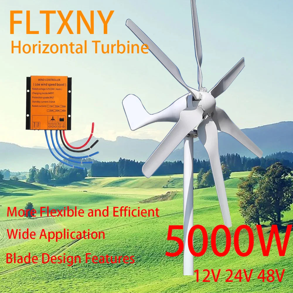 5000W Home Wind Turbine Generator with MPPT Charge Controller - 12V, 24V, 48V Compatible, Low Noise, Clean Energy Solution by 54Grid - Renewable Energy Store