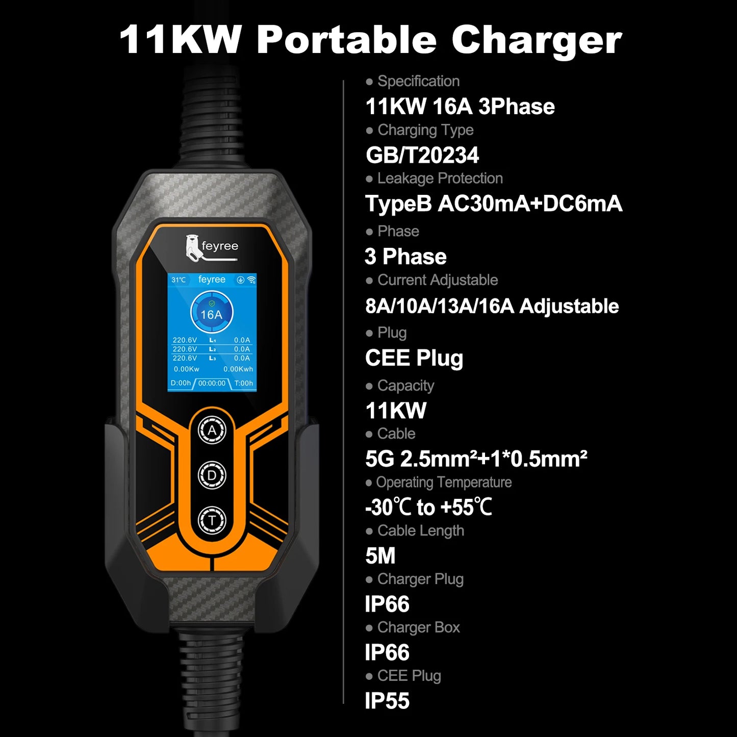 feyree GB/T Portable EV Charger 16A 11kW 3P Wifi APP Control Newly Version EVSE Charger Box Holder and Adapter for Electric Car