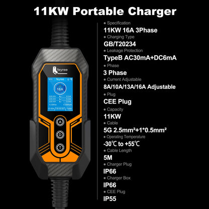 feyree GB/T Portable EV Charger 16A 11kW 3P Wifi APP Control Newly Version EVSE Charger Box Holder and Adapter for Electric Car