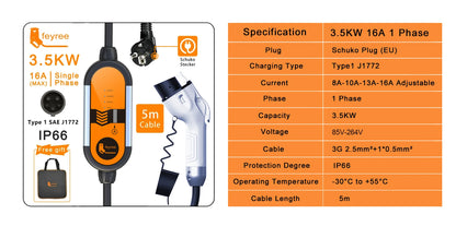 feyree Type2 16A 3.5KW Portable EV Charger EVSE Charging Cable 5m with Schuko Plug Current Adjustable for Electric Car Charger