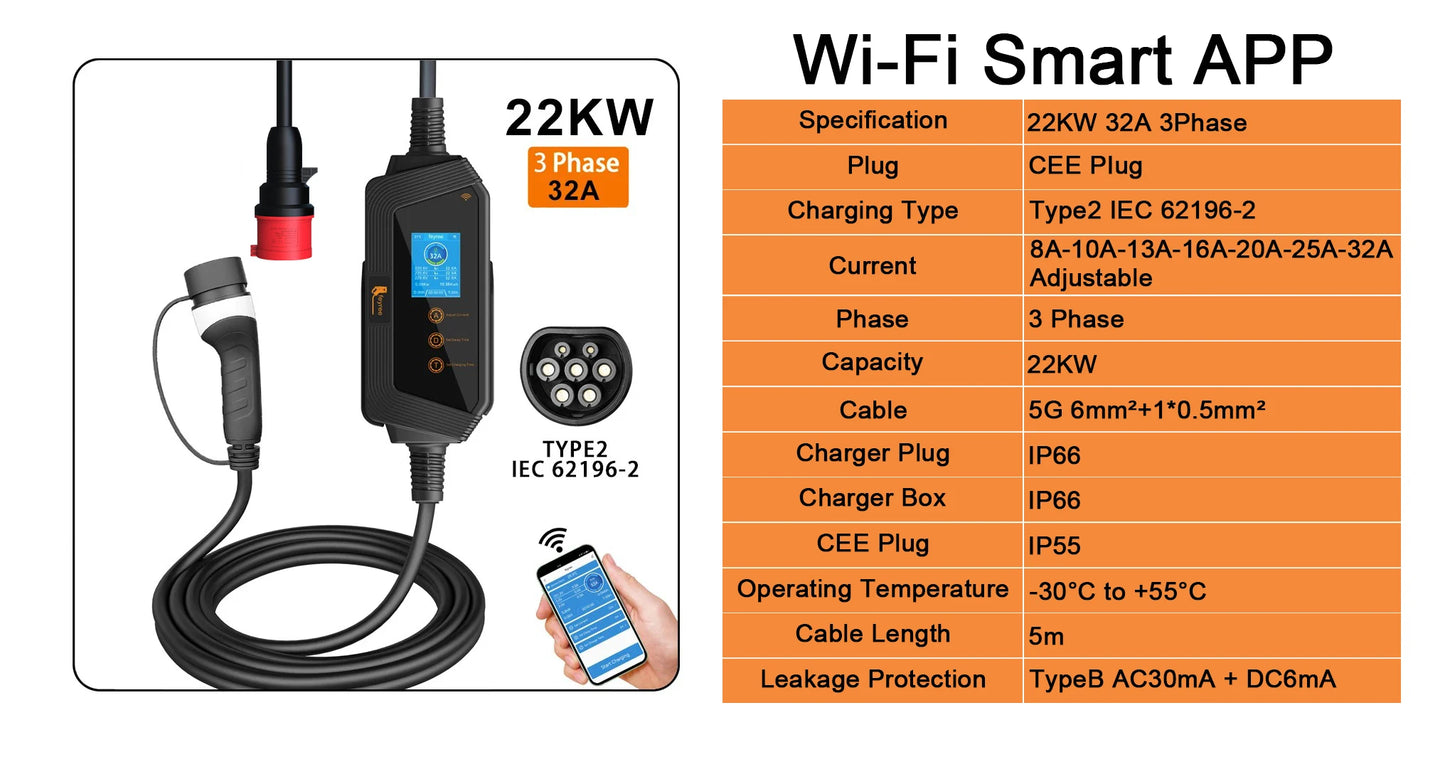 feyree Type2 22KW 32A 3Phase EV Charger Wi-Fi APP Control EVSE Portable Charging Box Charging Station for Electric Car Charger