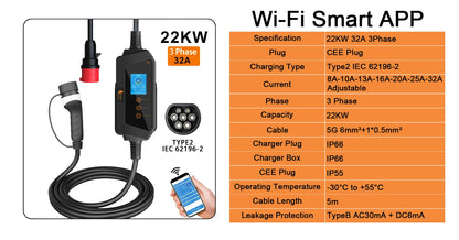 feyree Type2 22KW 32A 3Phase EV Charger Wi-Fi APP Control EVSE Portable Charging Box Charging Station for Electric Car Charger