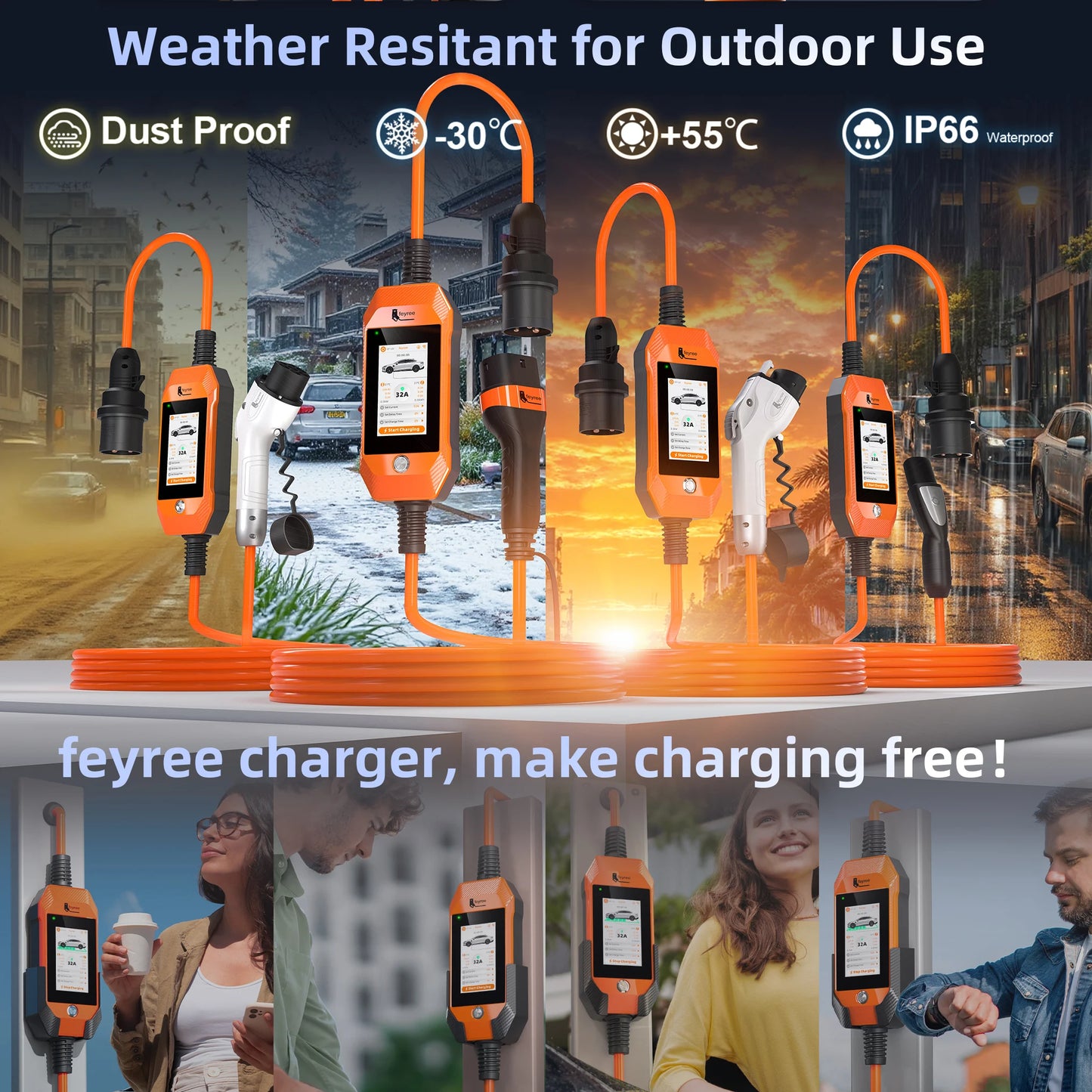 feyree Touch Screen Portable EV Charger Type2 / Type1 / GBT / TS-NACS Socket EV Charger 32A 7KW 1 Phase Smart APP Wi-Fi Control