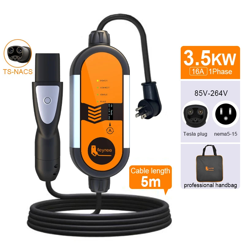 feyree 3.5kW 16A TS-NACS Portable EV Charger Plug Charging Box Adjustable Current Fast Charging Compatible for Tesla Car Charger