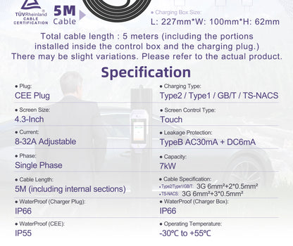feyree Type2 /Type1 /GBT /TS-NACS 4.3inch Touch Screen EV Charger 32A 7kW 1P Portable Charger Smart APP WiFi Control for EV Cars