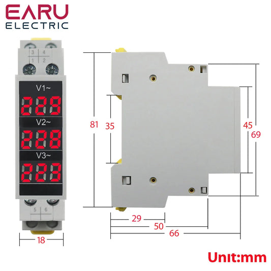 Din Rail 18mm Voltage Meter AC 80-500V 220V 380V Single Three Phase Modular Voltmeter Indicator LED Digital Display Detector by 54Grid - Renewable Energy Store