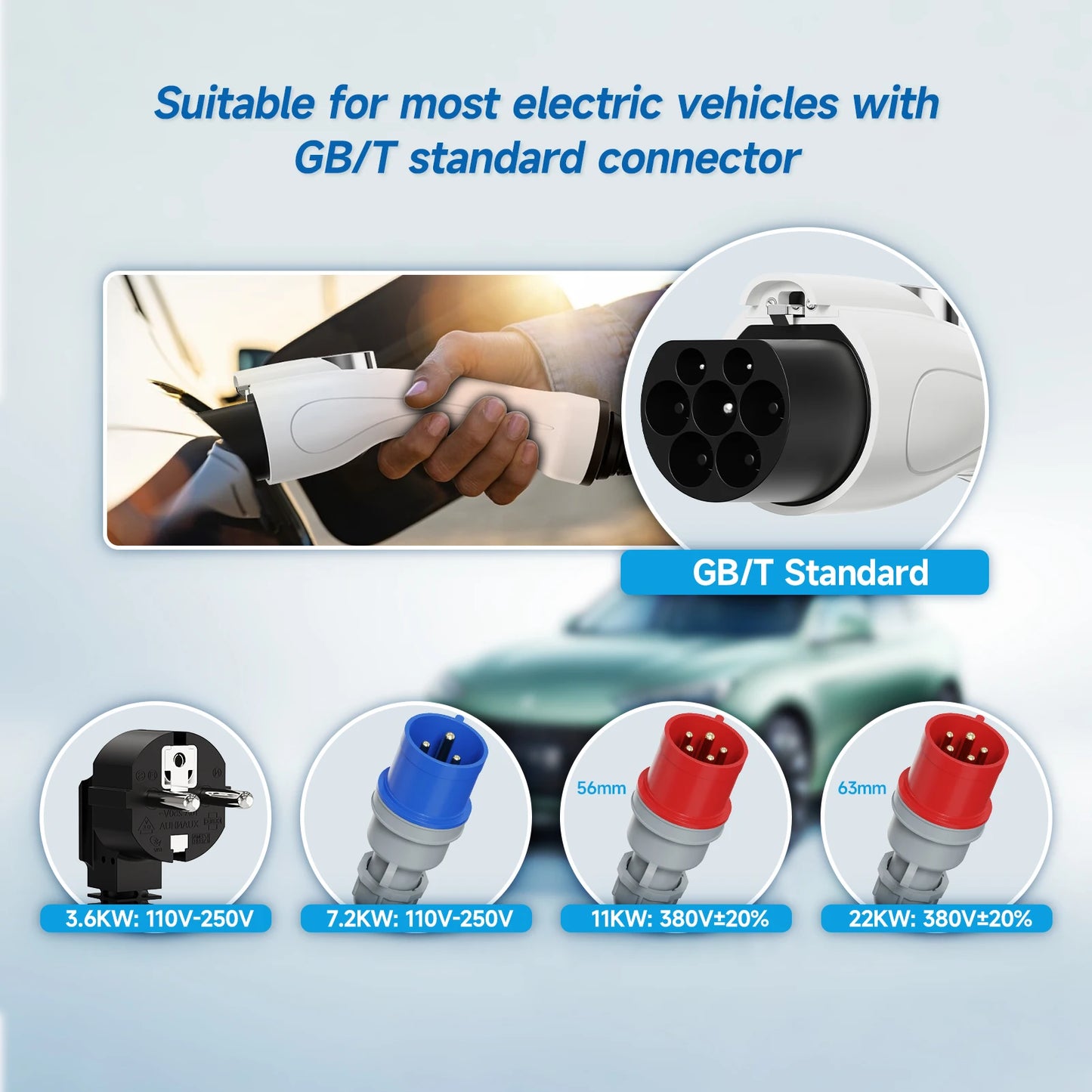 GB/T Portable EV Charger 3.6KW 7.2KW 11KW 22KW WiFi Bluetooth APP Control Adjustable Current IP65 Waterproof with 5m Cable and 2.8" LCD Display