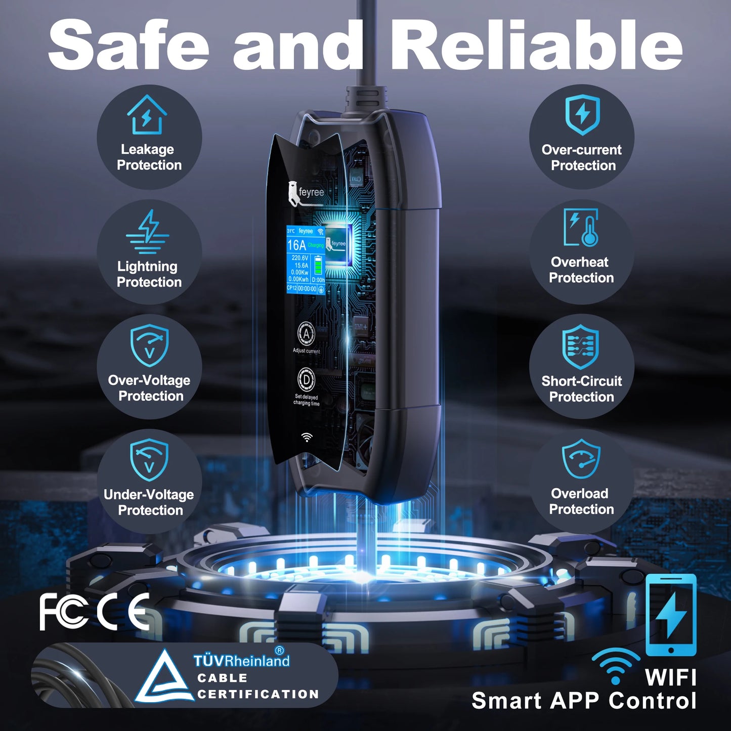 feyree Type2 Portable EV Charger 5m Cable with WIFI APP Control 16A 3.5KW Set Charging&DelayTime for EV Cars,Plug customizable