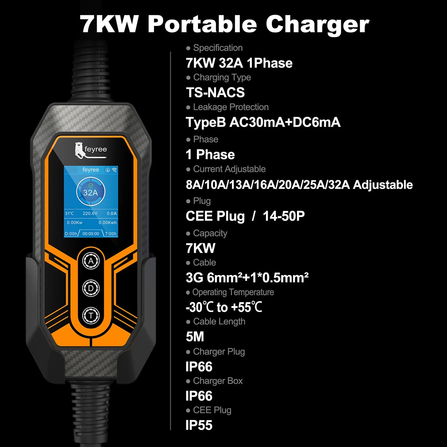 feyree EV Charger TS-NACS Socket 32A 7KW APP Control EVSE Portable Charger Box Holder Adapter Gift for Tesla Car Models 3/Y/S/X