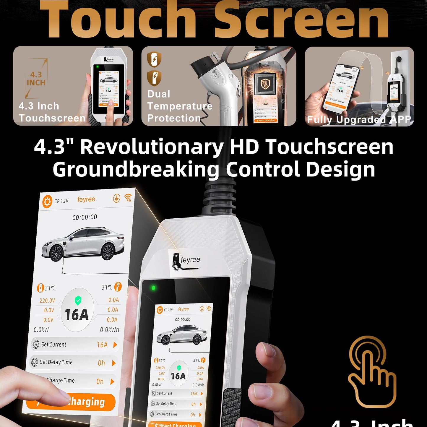 feyree Type1 3.5kW 16A Portable EV Charger 4.3 inch Touch Screen Smart WIFI APP Remote Control Design AC EV Charging Station