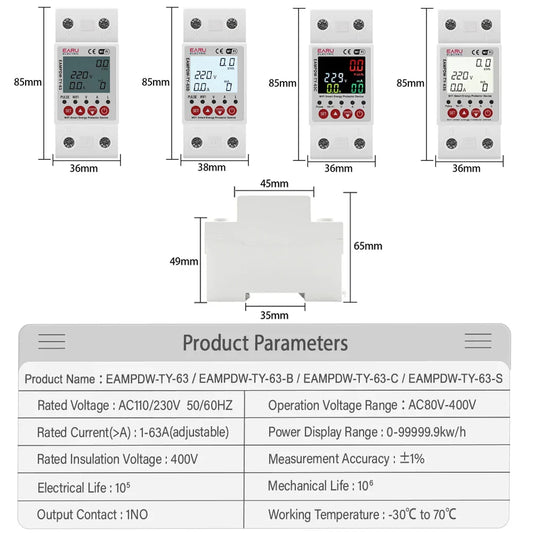 2P 63A 230V Tuya WiFi Smart Energy Meter Power kWh Meter Earth Leakage Over Under Voltage Protector Relay Device Switch Breaker by 54Grid - Renewable Energy Store