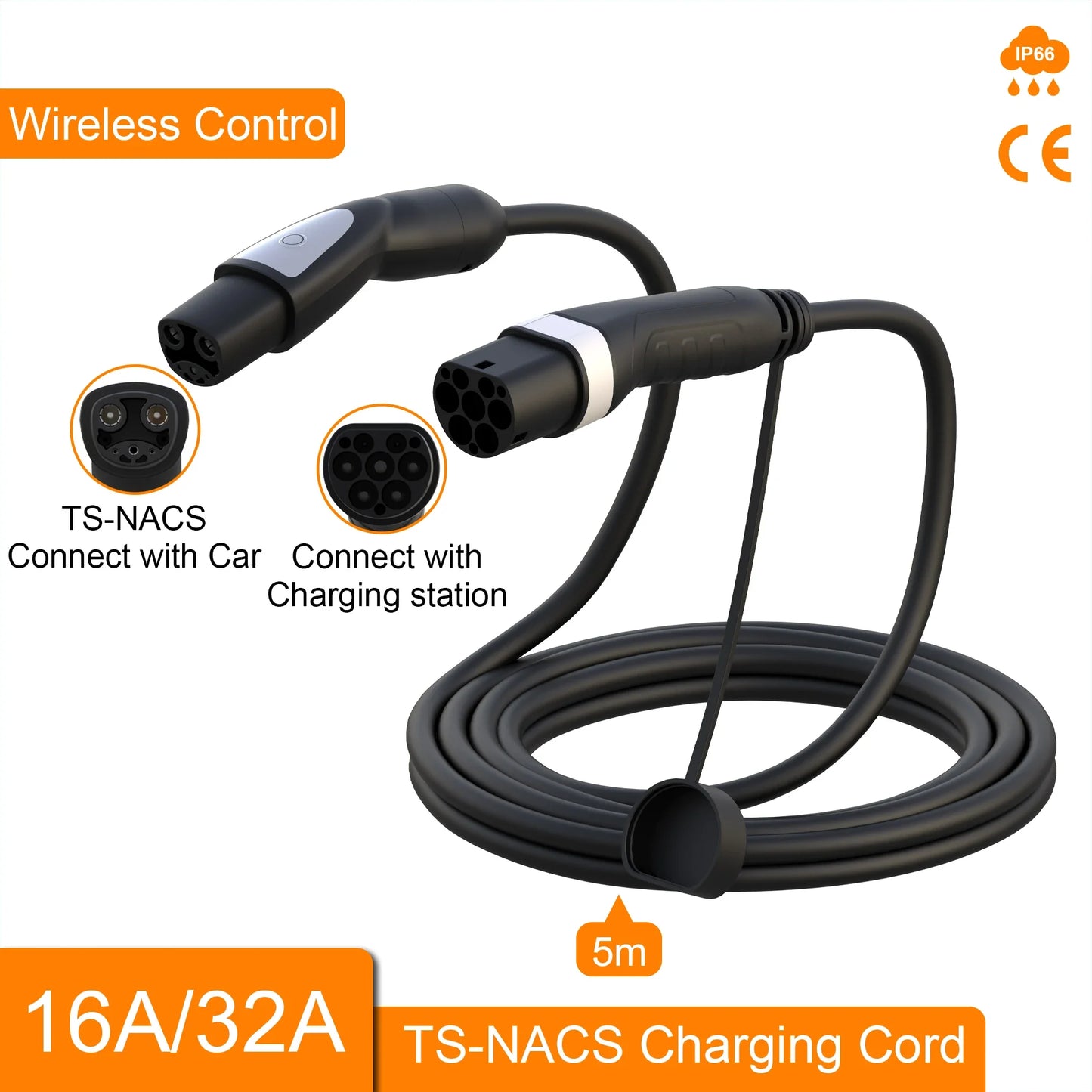 feyree 32A 7KW 1Phase Type2 to TS-NACS Socket 16A 3.5KW EV Charger Cable 5m for Tesla Model 3 Y X S for Public Charging Station