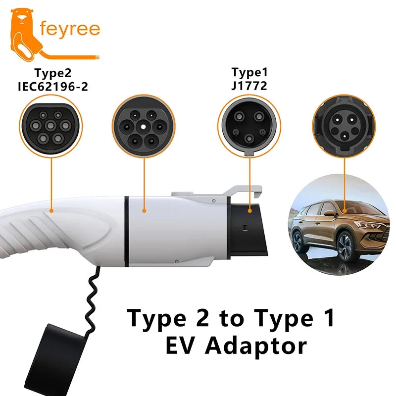 feyree EV Charger Adapter Type2 IEC62196-2 to Type1 Car Charging Socket AC Charger Adapter 32A 1Phase 3.5KW 7KW Max Electric Car