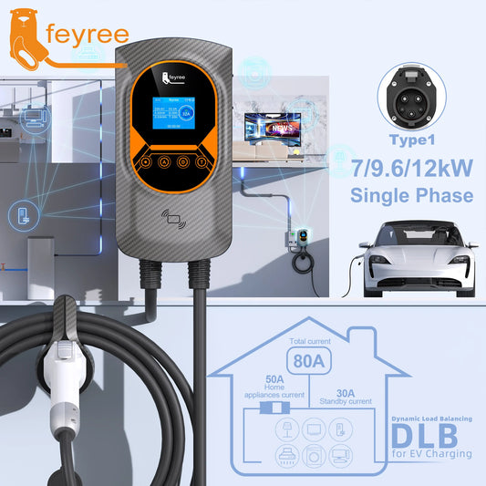 feyree Type 1 7kW 9.6kW 12kW EV Charging Wallbox Adjustable Current EV Home Charger WIFI Bluetooth Control with DLB Function