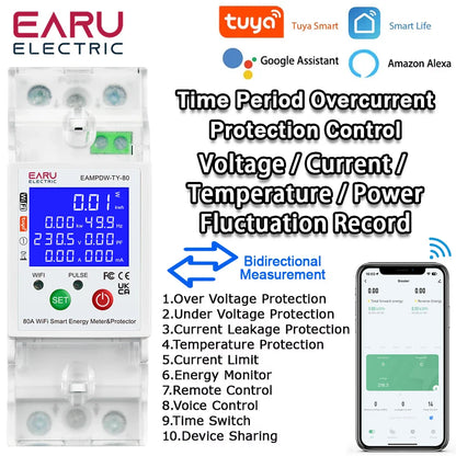 Tuya Smart WiFi Circuit Breaker Switch PV Bi-Directional Energy Meter Timer Measuring Earth Leakage Over Under Voltage Protector