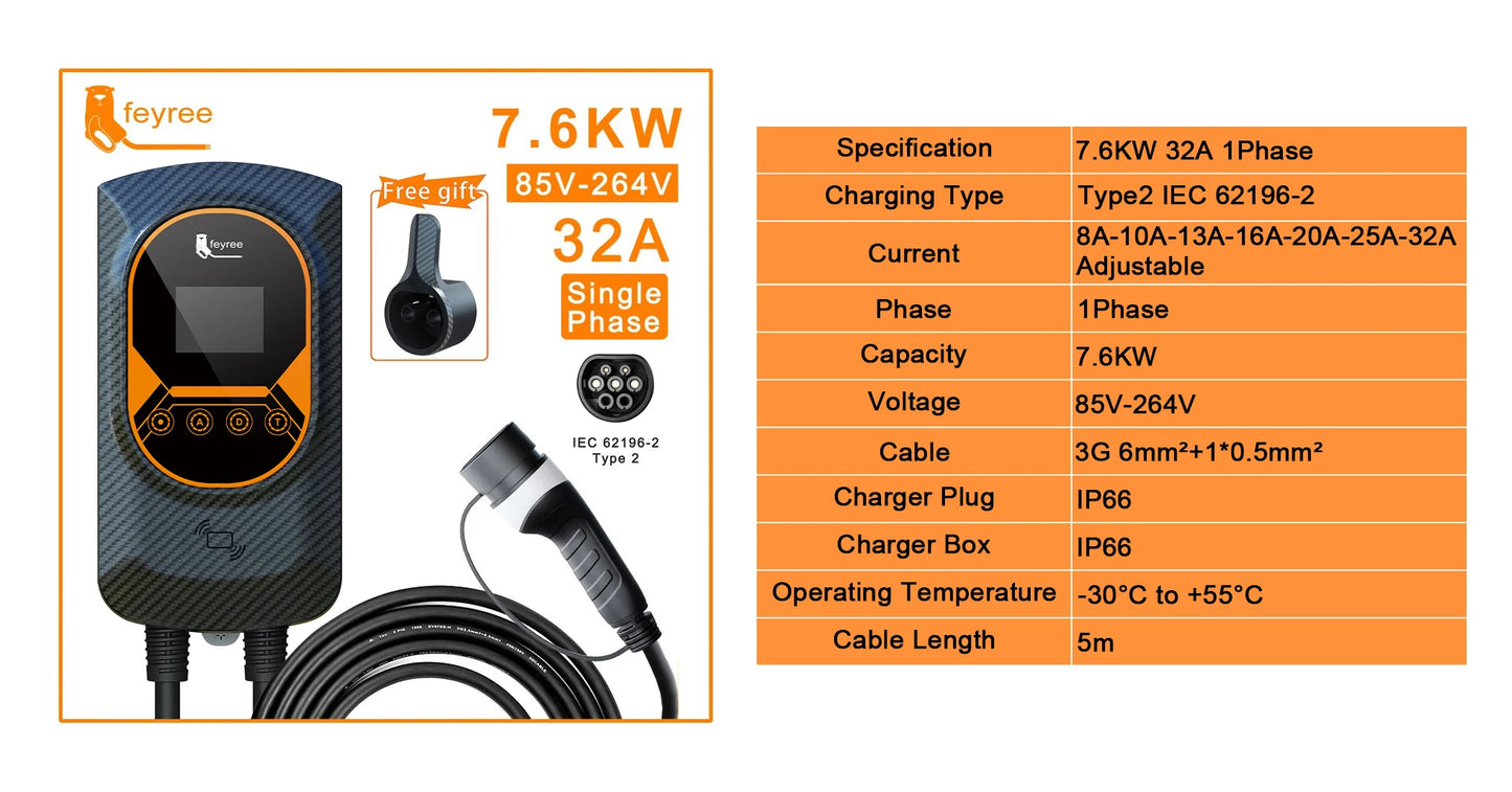 feyree EV Charger Type2 32A 7.6kW EVSE Wallbox 2.8inch Screen Current Adjustable Wallmounted Charging Station for Electric Car