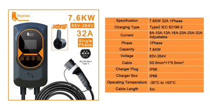 feyree EV Charger Type2 32A 7.6kW EVSE Wallbox 2.8inch Screen Current Adjustable Wallmounted Charging Station for Electric Car