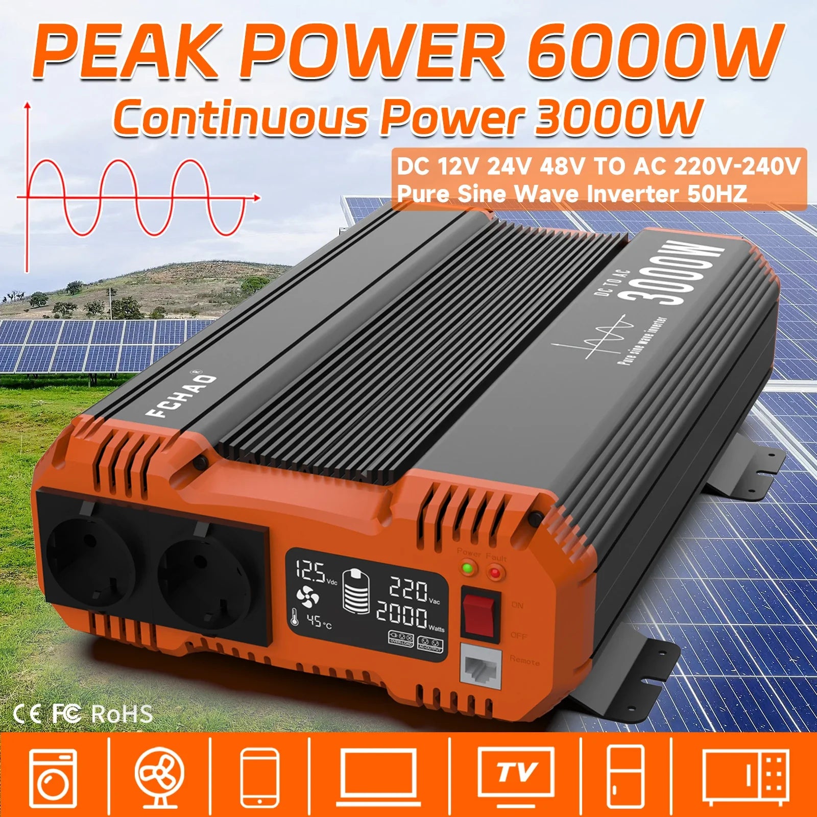 Pure Sine Wave Inverter 1200 - 3000 W DC 12/24/48V To AC 220/240V 50HZ by 54Grid - Renewable Energy Store