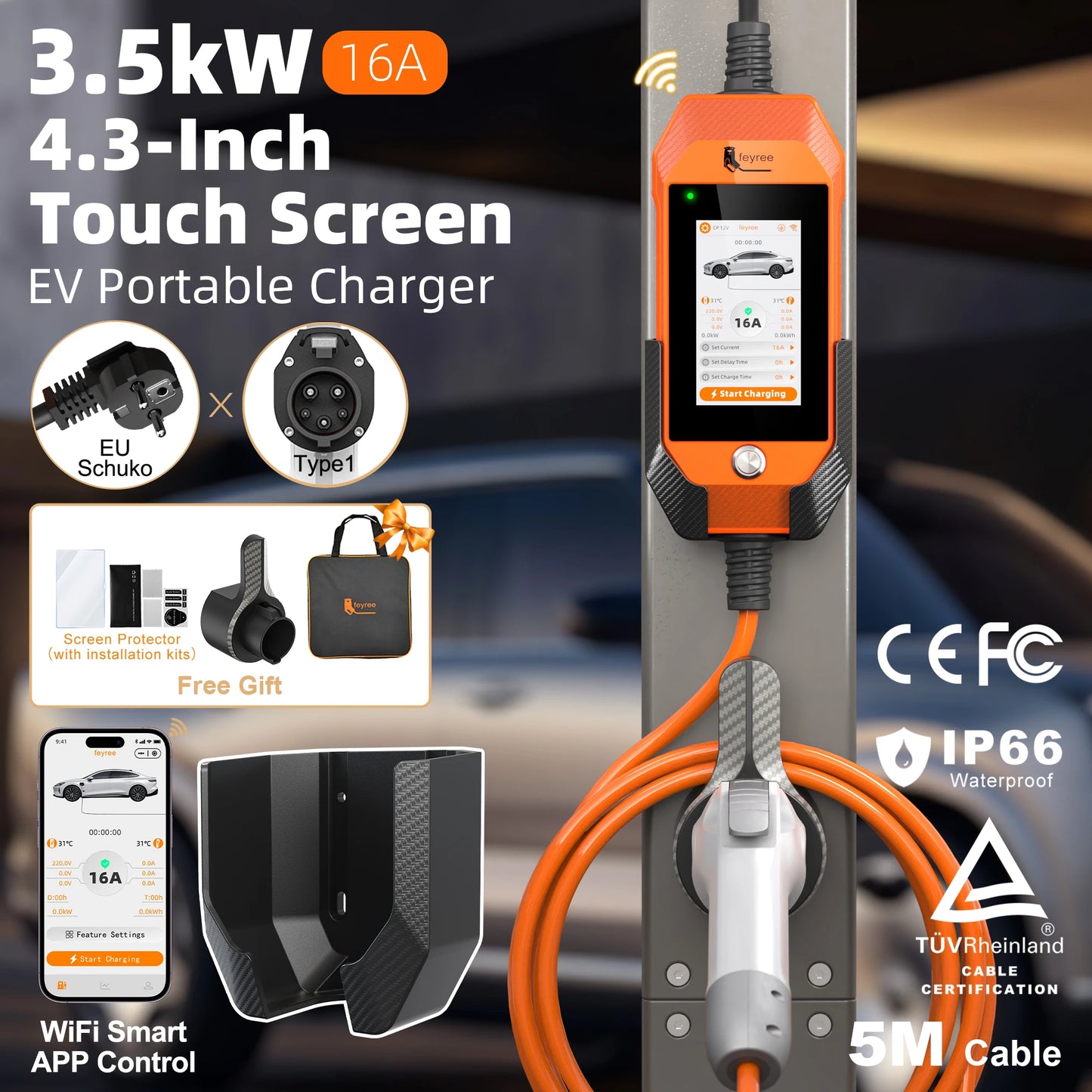 feyree Type1 3.5kW 16A Portable EV Charger 4.3 inch Touch Screen Smart WIFI APP Remote Control Design AC EV Charging Station