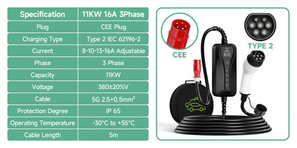 11KW 16A Portable Charger Type 2 Adjustable Current Reservation Time Charging Box CEE Plug IEC62196-2 Electric Vehicle Charger