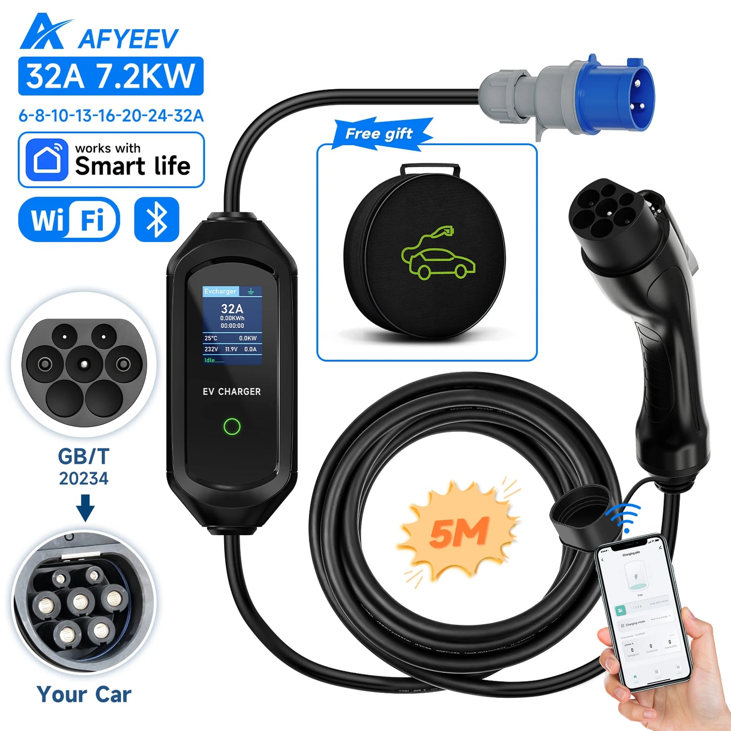 AFYEEV 32A 7.2KW Type2 Type1EV Charger Portable GB/T Electric Vehicle Charger EVSE Charging Cable WiFi Bluetooth APP Control