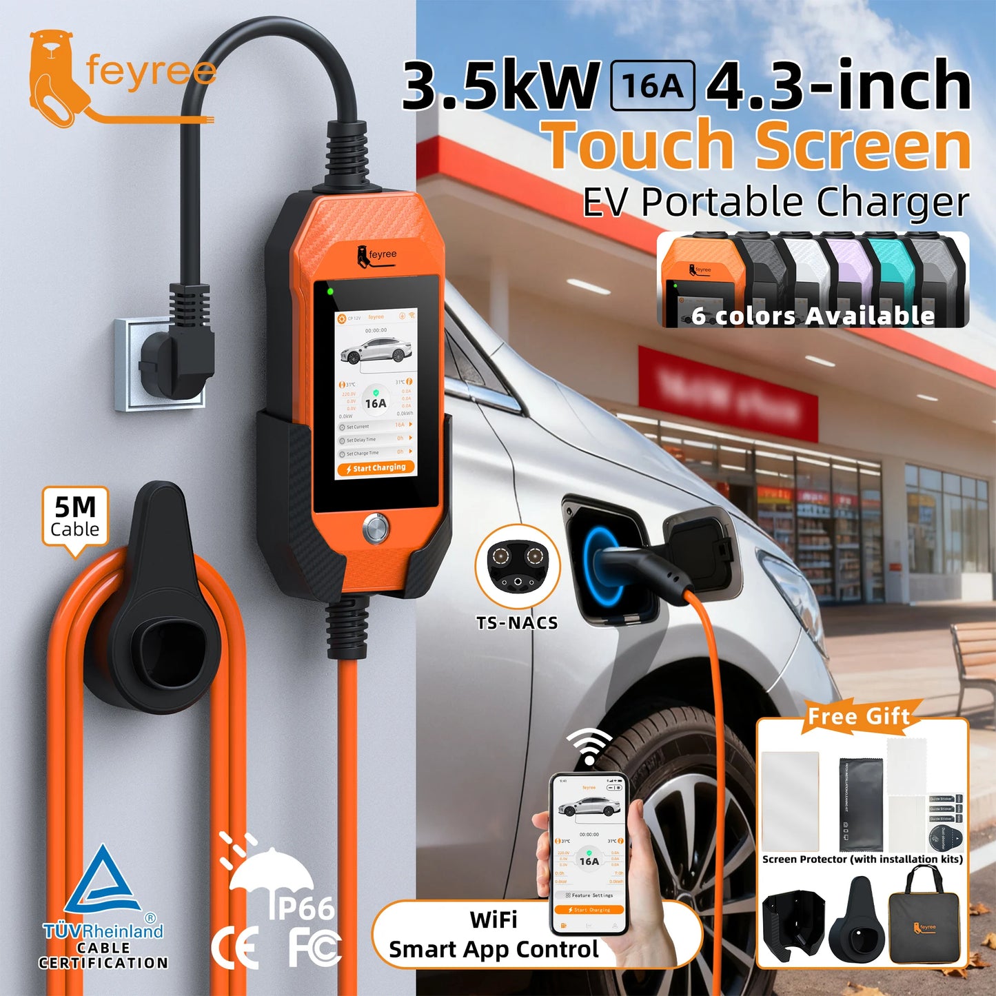 feyree Portable EV Charger For Tesla 3.5kW 16A 1Phase 4.3in Touchscreen With WiFi APP Control with Box Holder For EV Car Charger