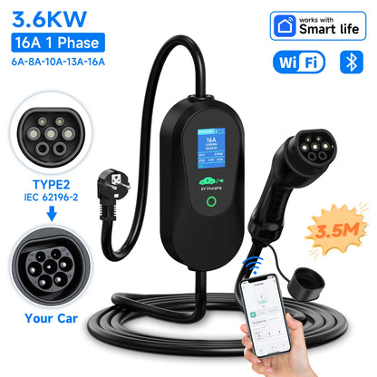AFYEEV 3600W Portable Type2 IEC62196-2 EV Charger Type1 SAE J1772 Electric Car Charger GBT EVSE Charging Cable WiFi Bluetooth