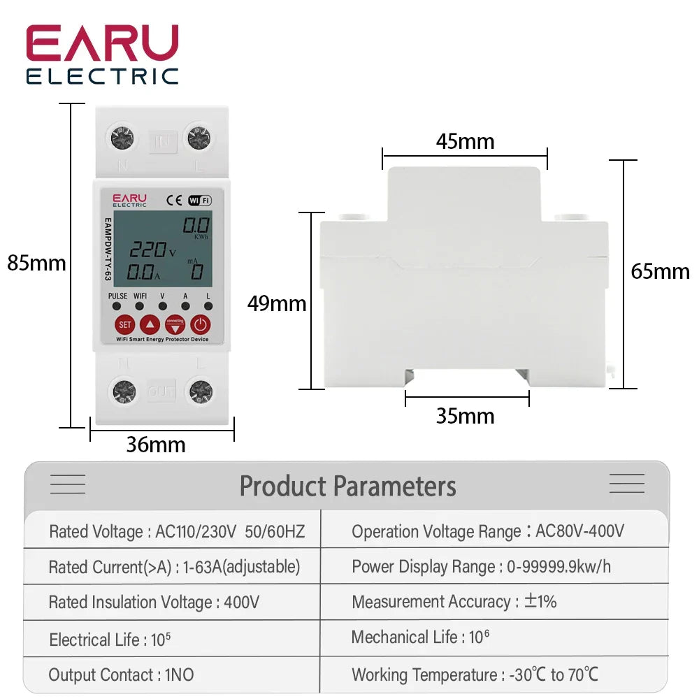 2P 63A TUYA APP WiFi Smart Circuit Earth Leakage Over Under Voltage Protector Relay Device Switch Breaker Energy Power kWh Meter by 54Grid - Renewable Energy Store
