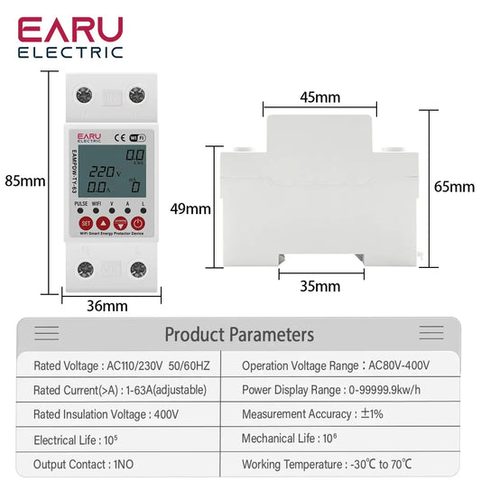 2P 63A TUYA APP WiFi Smart Circuit Earth Leakage Over Under Voltage Protector Relay Device Switch Breaker Energy Power kWh Meter by 54Grid - Renewable Energy Store
