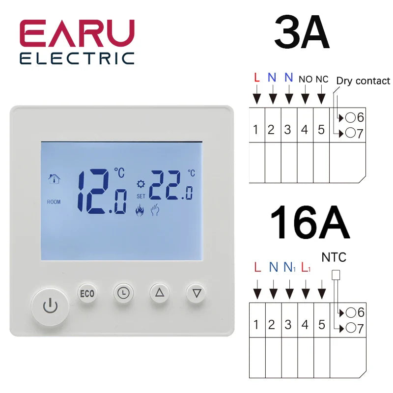AC90V-240V 3A 16A Water Electric Floor Heating TRV House Room Thermostat Temperature Controller Digital LCD Display Wall Mounted by 54Grid - Renewable Energy Store