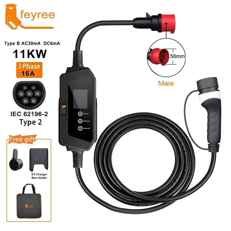 feyree Portable EV Charger Type2 22KW 11KW 3P Fast Charging 7KW 32A 1P for Electric Car Adjusting Current Setting Charging Time